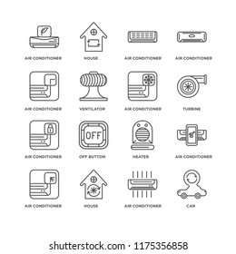 Set Of 16 simple line icons such as Car, Air conditioner, Heater, Off button, House, editable stroke icon pack, pixel perfect