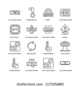 Set Of 16 simple line icons such as Air conditioner, Thermometer, Ventilator, Continuous, editable stroke icon pack, pixel perfect
