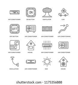 Set Of 16 simple line icons such as House, Sun, Air conditioner, Oscillation, Off button, editable stroke icon pack, pixel perfect