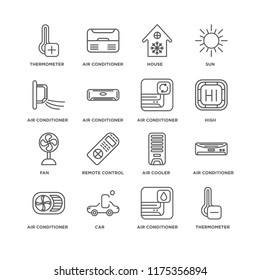 Set Of 16 simple line icons such as Thermometer, Air conditioner, Car, Fan, editable stroke icon pack, pixel perfect