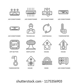 Set Of 16 simple line icons such as Air conditioner, Mode, House, Thermometer, Off button, Continuous, editable stroke icon pack, pixel perfect