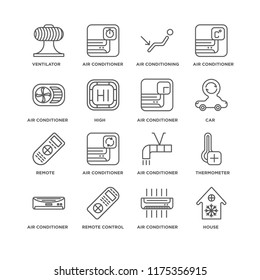 Set Of 16 simple line icons such as House, Air conditioner, Remote control, Thermometer, Ventilator, Remote, editable stroke icon pack, pixel perfect