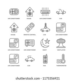 Set Of 16 simple line icons such as Thermometer, Fan, Car, Air conditioner, Ventilator, House, editable stroke icon pack, pixel perfect