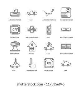 Set Of 16 simple line icons such as Car, On button, Thermometer, Air conditioner, Off Ventilator, Fan, editable stroke icon pack, pixel perfect