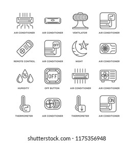 Set Of 16 simple line icons such as Air conditioner, Thermometer, Off button, editable stroke icon pack, pixel perfect