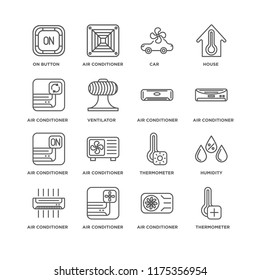 Set Of 16 simple line icons such as Thermometer, Air conditioner, On button, Humidity, editable stroke icon pack, pixel perfect