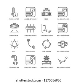 Set Of 16 simple line icons such as Air conditioning, conditioner, Thermometer, Continuous, Oscillation, editable stroke icon pack, pixel perfect