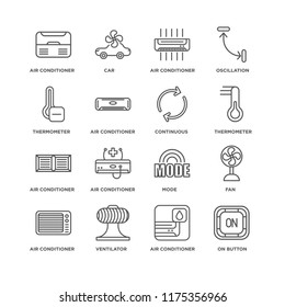 Set Of 16 simple line icons such as On button, Air conditioner, Ventilator, Fan, Thermometer, Continuous, editable stroke icon pack, pixel perfect
