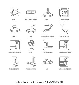 Set Of 16 simple line icons such as Air conditioner, Car, Thermometer, Sun, conditioning, editable stroke icon pack, pixel perfect