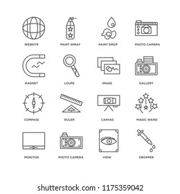 Set Of 16 simple line icons such as Dropper, View, Photo camera, Monitor, Magic wand, Website, Magnet, Compass, Image, editable stroke icon pack, pixel perfect