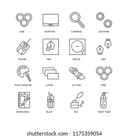 Set Of 16 simple line icons such as Paint tube, Ink, Blur, Sketching, Rgb, Mouse, palette, Circle, editable stroke icon pack, pixel perfect