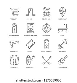 Set Of 16 simple line icons such as Champagne, Golf, Room key, Flip flops, Dumbbell, Trolley, Door hanger, Hairdryer, Lifesaver, editable stroke icon pack, pixel perfect