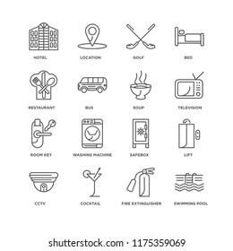 Set Of 16 simple line icons such as Swimming pool, Fire extinguisher, Cocktail, Cctv, Lift, Hotel, Restaurant, Room key, Soup, editable stroke icon pack, pixel perfect
