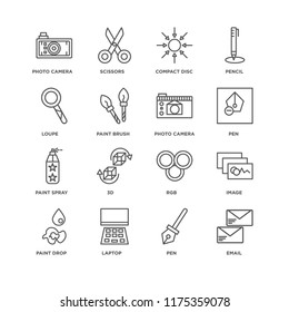 Set Of 16 simple line icons such as Email, Pen, Laptop, Paint drop, Image, Photo camera, Loupe, spray, editable stroke icon pack, pixel perfect