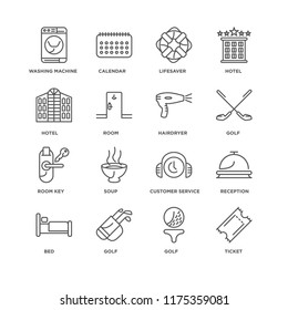 Set Of 16 simple line icons such as Ticket, Golf, Bed, Reception, Washing machine, Hotel, Room key, Hairdryer, editable stroke icon pack, pixel perfect