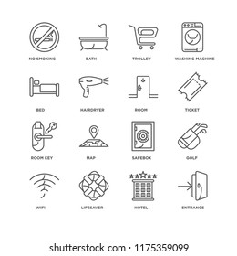 Set Of 16 simple line icons such as Entrance, Hotel, Lifesaver, Wifi, Golf, No smoking, Bed, Room key, Room, editable stroke icon pack, pixel perfect