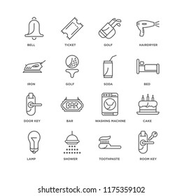 Set Of 16 simple line icons such as Room key, Toothpaste, Shower, Lamp, Cake, Bell, Iron, Door Soda, editable stroke icon pack, pixel perfect