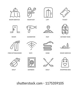 Set Of 16 simple line icons such as Shopping bag, Golf, Safebox, Room service, Room, Fire extinguisher, Map, editable stroke icon pack, pixel perfect