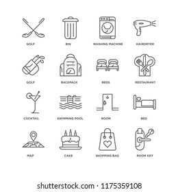 Set Of 16 simple line icons such as Room key, Shopping bag, Cake, Map, Bed, Golf, Cocktail, Beds, editable stroke icon pack, pixel perfect