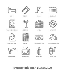 Set Of 16 simple line icons such as Room key, Suitcase, Television, Hairdryer, Customer service, Bed, Washing machine, Shopping bag, Hotel, editable stroke icon pack, pixel perfect
