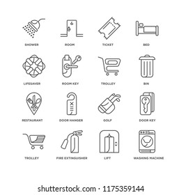 Set Of 16 simple line icons such as Washing machine, Lift, Fire extinguisher, Trolley, Door key, Shower, Lifesaver, Restaurant, editable stroke icon pack, pixel perfect