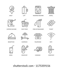 Set Of 16 simple line icons such as Door key, Caravan, Room Soda, Wifi, Golf, Coffee machine, Reception, Fire extinguisher, editable stroke icon pack, pixel perfect