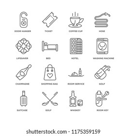 Set Of 16 simple line icons such as Room key, Whiskey, Golf, Suitcase, Door hanger, Lifesaver, Champagne, Hotel, editable stroke icon pack, pixel perfect