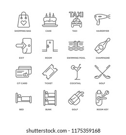 Set Of 16 simple line icons such as Room key, Golf, Bunk, Bed, Shopping bag, Exit, Cit card, Swimming pool, editable stroke icon pack, pixel perfect