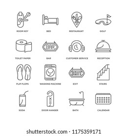 Set Of 16 simple line icons such as Calendar, Bath, Door hanger, Soda, Stairs, Room key, Toilet paper, Flip flops, Customer service, editable stroke icon pack, pixel perfect