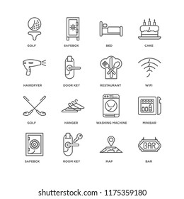 Set Of 16 simple line icons such as Bar, Map, Room key, Safebox, Minibar, Golf, Hairdryer, Restaurant, editable stroke icon pack, pixel perfect
