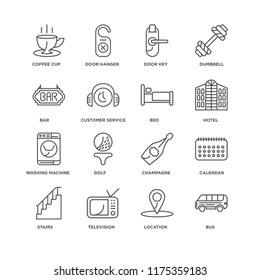 Set Of 16 simple line icons such as Bus, Location, Television, Stairs, Calendar, Coffee cup, Bar, Washing machine, Bed, editable stroke icon pack, pixel perfect