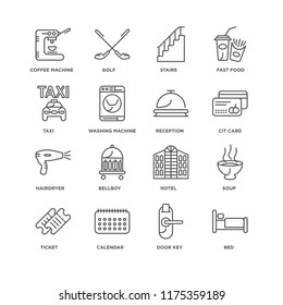 Set Of 16 simple line icons such as Bed, Door key, Calendar, Ticket, Soup, Coffee machine, Taxi, Hairdryer, Reception, editable stroke icon pack, pixel perfect