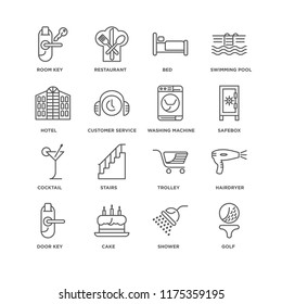 Set Of 16 simple line icons such as Golf, Shower, Cake, Door key, Hairdryer, Room Hotel, Cocktail, Washing machine, editable stroke icon pack, pixel perfect