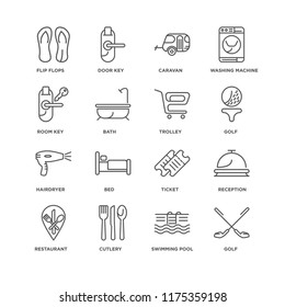 Set Of 16 simple line icons such as Golf, Swimming pool, Cutlery, Restaurant, Reception, Flip flops, Room key, Hairdryer, Trolley, editable stroke icon pack, pixel perfect