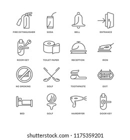 Set Of 16 simple line icons such as Door key, Hairdryer, Golf, Bed, Exit, Fire extinguisher, Room No smoking, Reception, editable stroke icon pack, pixel perfect