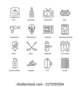 Set Of 16 simple line icons such as Hotel, Lift, Hanger, Door hanger, Flip flops, Hairdryer, Golf, Minibar, editable stroke icon pack, pixel perfect