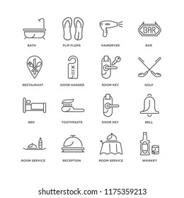 Set Of 16 simple line icons such as Whiskey, Room service, Reception, Bell, Bath, Restaurant, Bed, key, editable stroke icon pack, pixel perfect