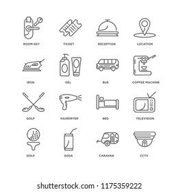 Set Of 16 simple line icons such as Cctv, Caravan, Soda, Golf, Television, Room key, Iron, Bus, editable stroke icon pack, pixel perfect