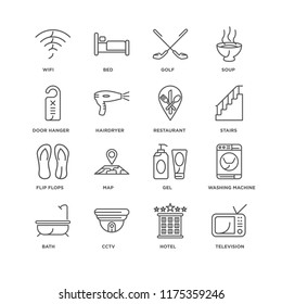 Set Of 16 simple line icons such as Television, Hotel, Cctv, Bath, Washing machine, Wifi, Door hanger, Flip flops, Restaurant, editable stroke icon pack, pixel perfect