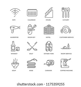 Set Of 16 simple line icons such as Coffee machine, Caravan, Hose, Soup, Room service, Wifi, Hairdryer, Whiskey, Hotel, editable stroke icon pack, pixel perfect