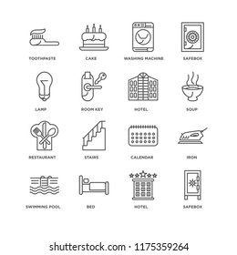 Set Of 16 simple line icons such as Safebox, Hotel, Bed, Swimming pool, Iron, Toothpaste, Lamp, Restaurant, editable stroke icon pack, pixel perfect
