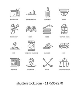 Set Of 16 simple line icons such as Room service, Golf, Location, Minibar, Bus, Television, key, Map, Hose, editable stroke icon pack, pixel perfect