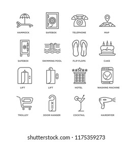 Set Of 16 simple line icons such as Hairdryer, Cocktail, Door hanger, Trolley, Washing machine, Hammock, Safebox, Lift, Flip flops, editable stroke icon pack, pixel perfect