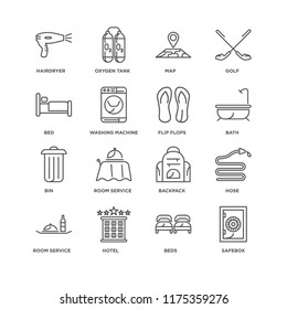 Set Of 16 simple line icons such as Safebox, Beds, Hotel, Room service, Hose, Hairdryer, Bed, Bin, Flip flops, editable stroke icon pack, pixel perfect