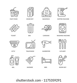 Set Of 16 simple line icons such as Room key, Bed, Shower, Gel, Cutlery, Fast food, Ticket, Cctv, Caravan, editable stroke icon pack, pixel perfect