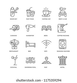 Set Of 16 simple line icons such as Hotel, Map, Swimming pool, Cocktail, Washing machine, Room key, Caravan, Restaurant, Beds, editable stroke icon pack, pixel perfect