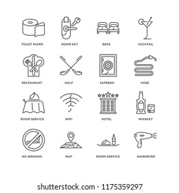 Set Of 16 simple line icons such as Hairdryer, Room service, Map, No smoking, Whiskey, Toilet paper, Restaurant, Safebox, editable stroke icon pack, pixel perfect