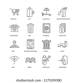 Set Of 16 simple line icons such as Entrance, Room key, Beds, Wifi, Golf, Trolley, Telephone, Map, Safebox, editable stroke icon pack, pixel perfect