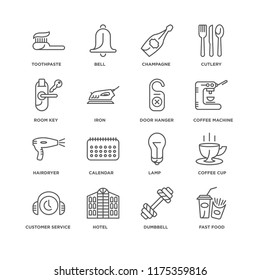 Set Of 16 simple line icons such as Fast food, Dumbbell, Hotel, Customer service, Coffee cup, Toothpaste, Room key, Hairdryer, Door hanger, editable stroke icon pack, pixel perfect