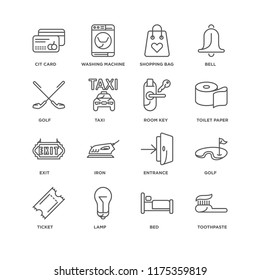 Set Of 16 simple line icons such as Toothpaste, Bed, Lamp, Ticket, Golf, Cit card, Exit, Room key, editable stroke icon pack, pixel perfect